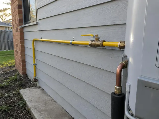Yellow gas piping and fittings on an exterior house wall beside a gas unit in Minchinbury