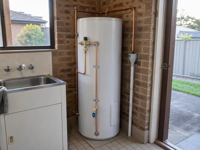 White hot water system beside a laundry sink and brick wall with copper pipework in Erskine Park